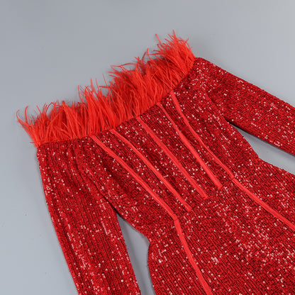Feather Sequin Long Sleeved Mini Dress-Red - vevewholesale