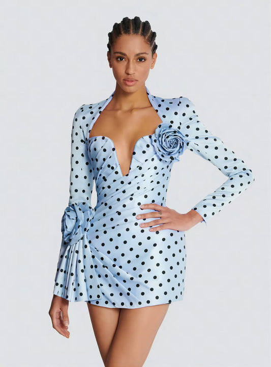 Polka Dot Mini Dress-Blue - vevewholesale