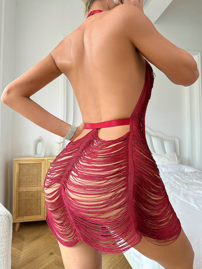 Halter Neck Backless Fabric Line Mini Dress -Wine Red - vevewholesale