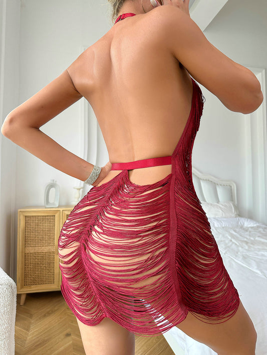 Halter Neck Backless Fabric Line Mini Dress -Wine Red - vevewholesale