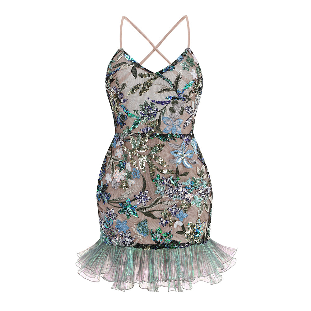 Strappy Embroidered Mini Dress-Green - vevewholesale