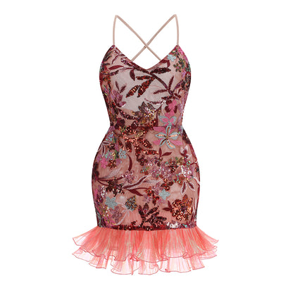 Strappy Embroidered Mini Dress-Pink - vevewholesale