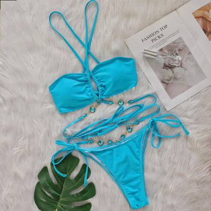 Sexy crystal halter cross strap bikini - vevewholesale