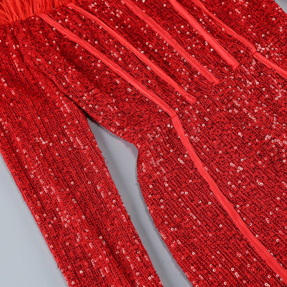 Feather Sequin Long Sleeved Mini Dress-Red - vevewholesale