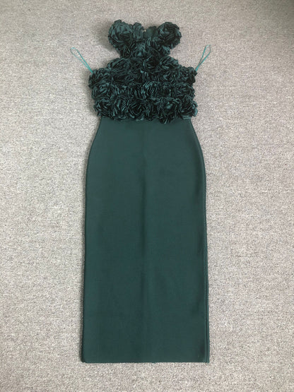 Big Flower Midi Dress-Green - vevewholesale