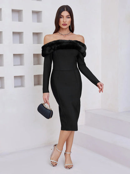 Fur Collar Off The Shoulder Midi Dress - vevewholesale