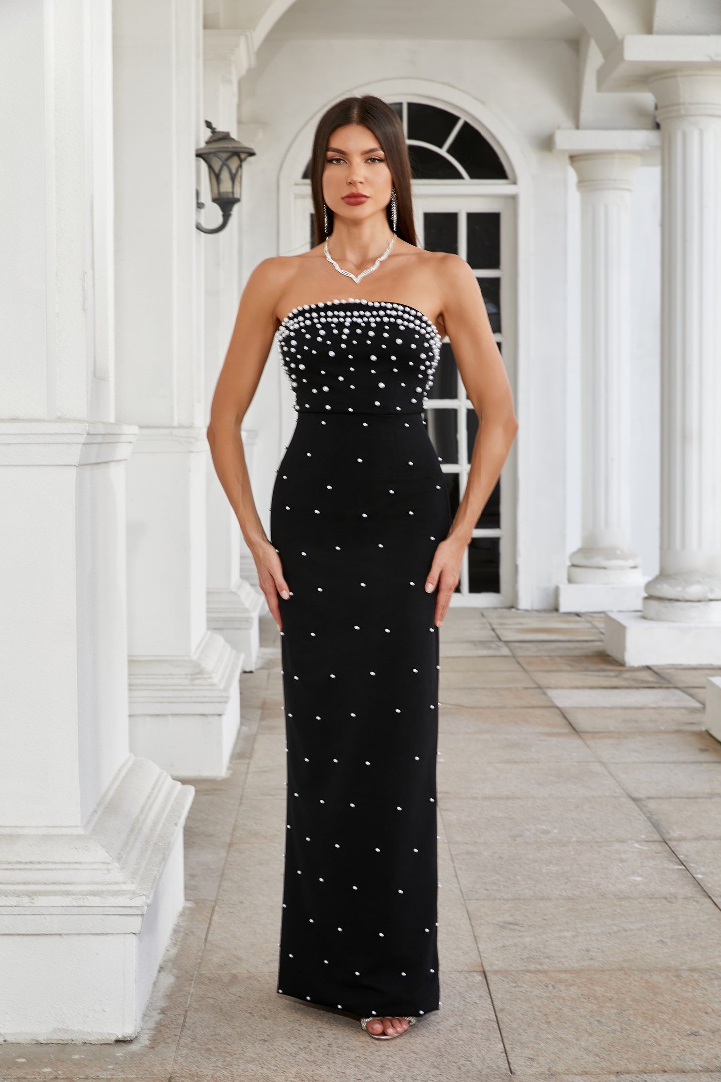 Strapless Sleeveless Beaded Maxi Dress - vevewholesale