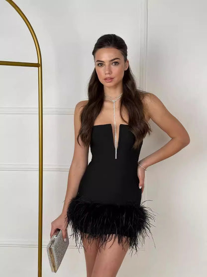 Deep v strapless dress ostrich-black - vevewholesale