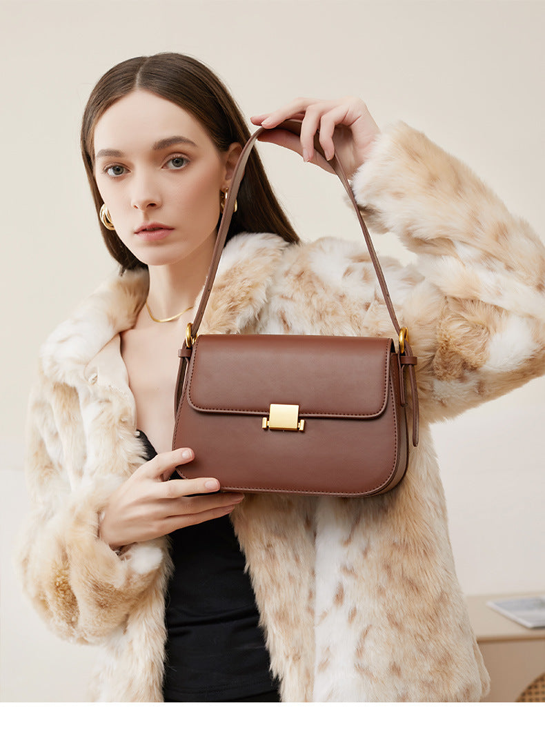Genuine Leather Shoulder Bag-Baramel Color - vevewholesale