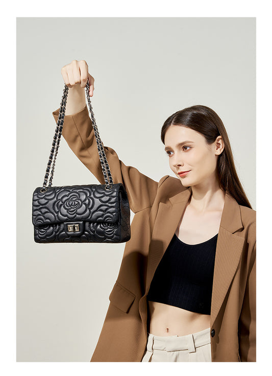 Camellia Flower Goatskin One Shoulder Bag-Black - vevewholesale