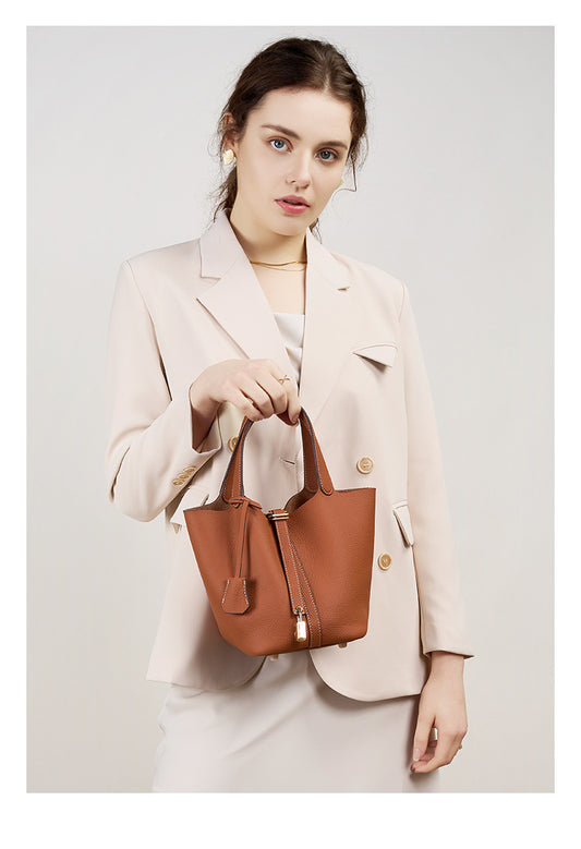 Leather Bucket Handbag-Brown - vevewholesale