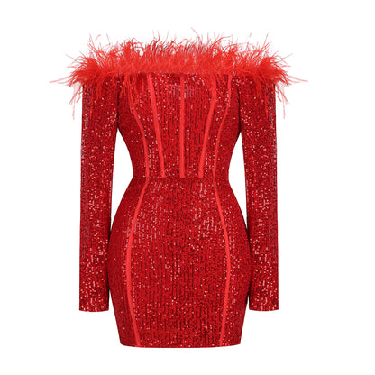 Feather Sequin Long Sleeved Mini Dress-Red - vevewholesale