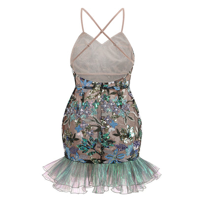 Strappy Embroidered Mini Dress-Green - vevewholesale