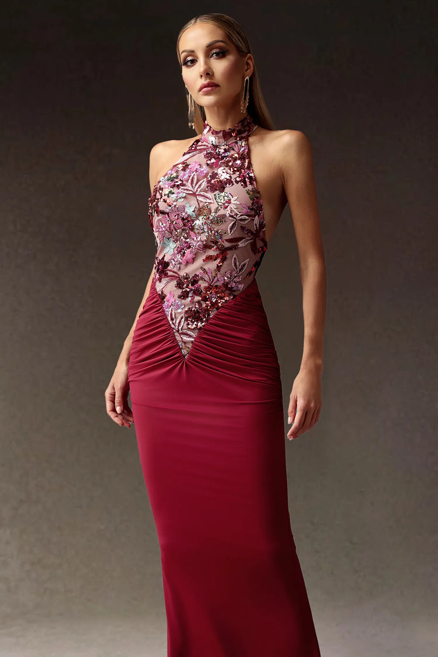 Halter Embroidered Patchwork Maxi Dress-Red
