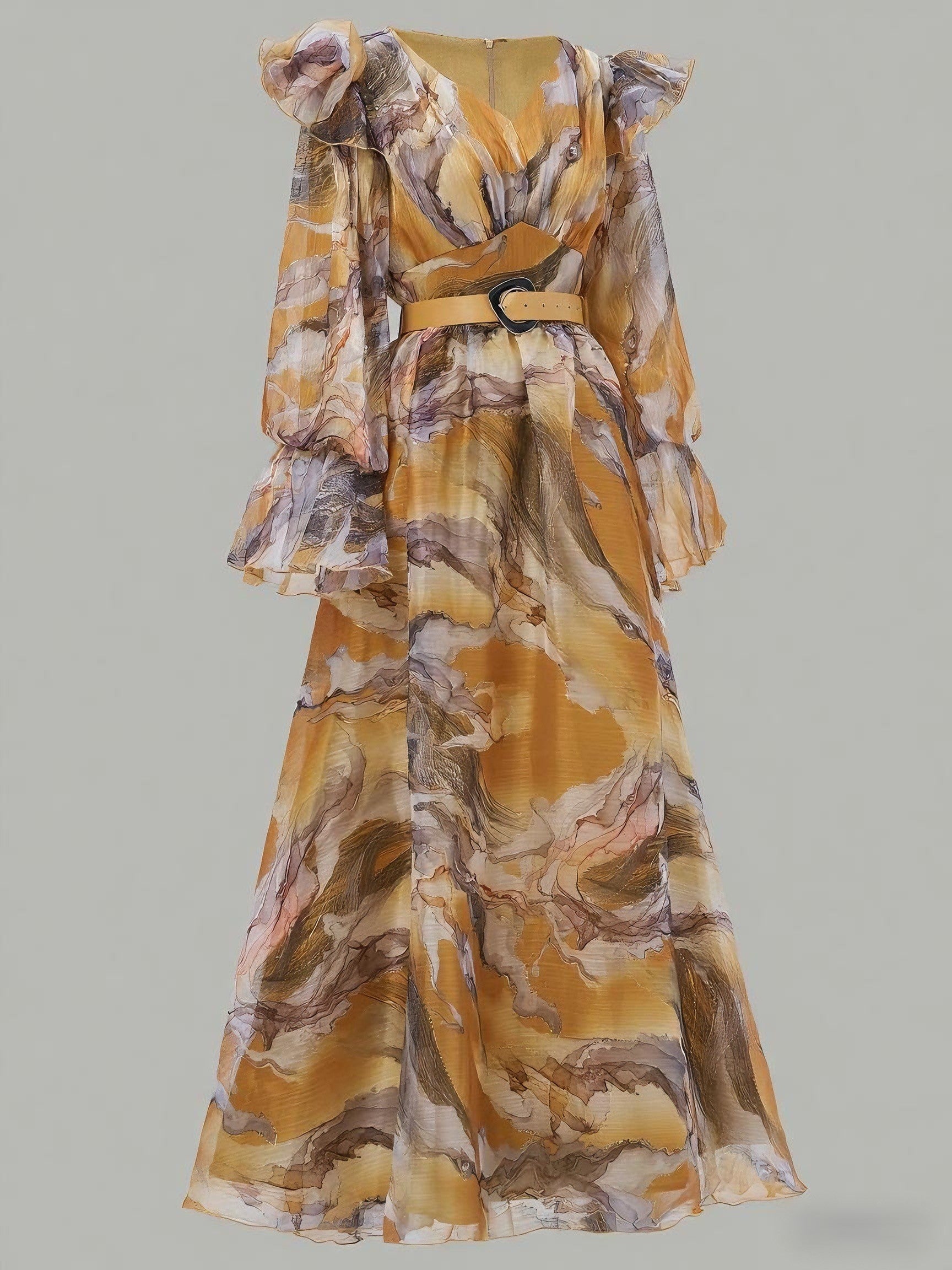 Long-sleeved Pleated Mesh Dress-Yellow - vevewholesale