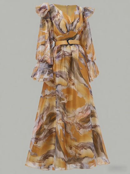 Long-sleeved Pleated Mesh Dress-Yellow - vevewholesale
