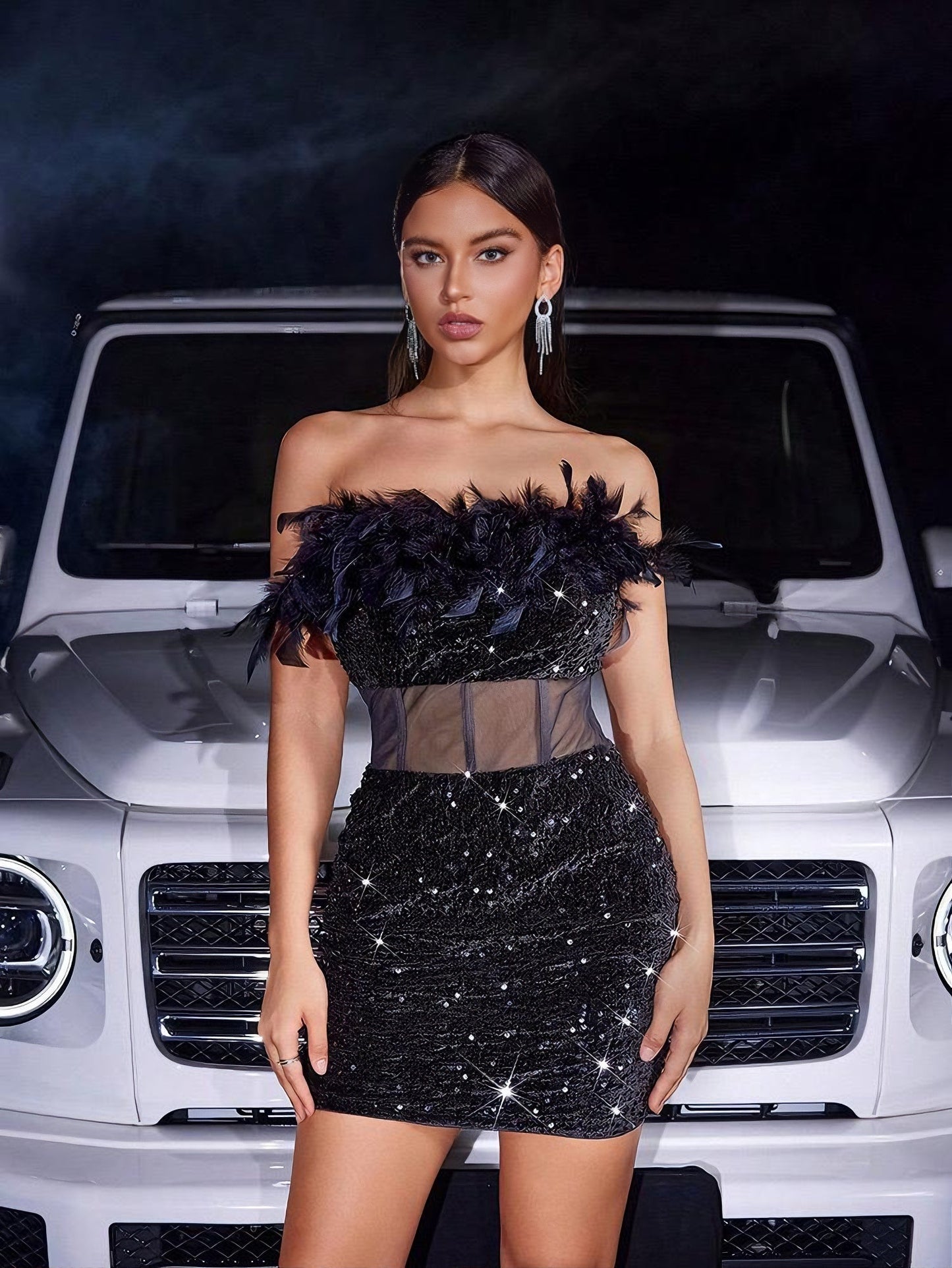 Velvet Sequined Feather Mini Dress