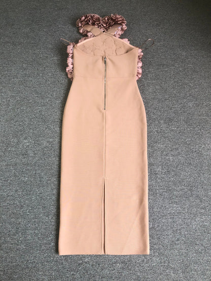 Big Flower Midi Dress-Apricot Color - vevewholesale