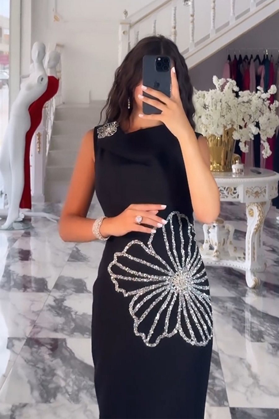 One Shoulder Diamond-Encrusted Sleeveless Maxi Dress - vevewholesale