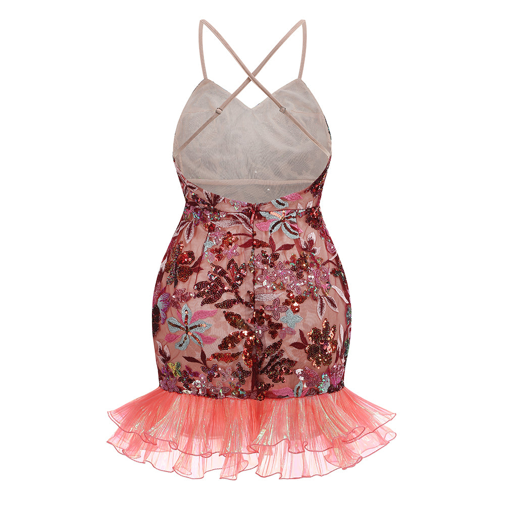 Strappy Embroidered Mini Dress-Pink - vevewholesale
