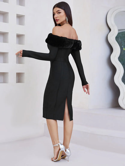 Fur Collar Off The Shoulder Midi Dress - vevewholesale