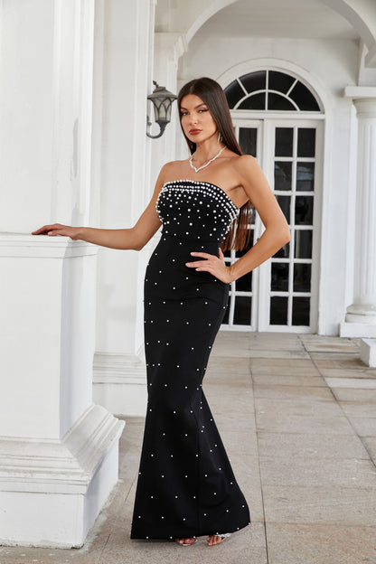 Strapless Sleeveless Beaded Maxi Dress - vevewholesale
