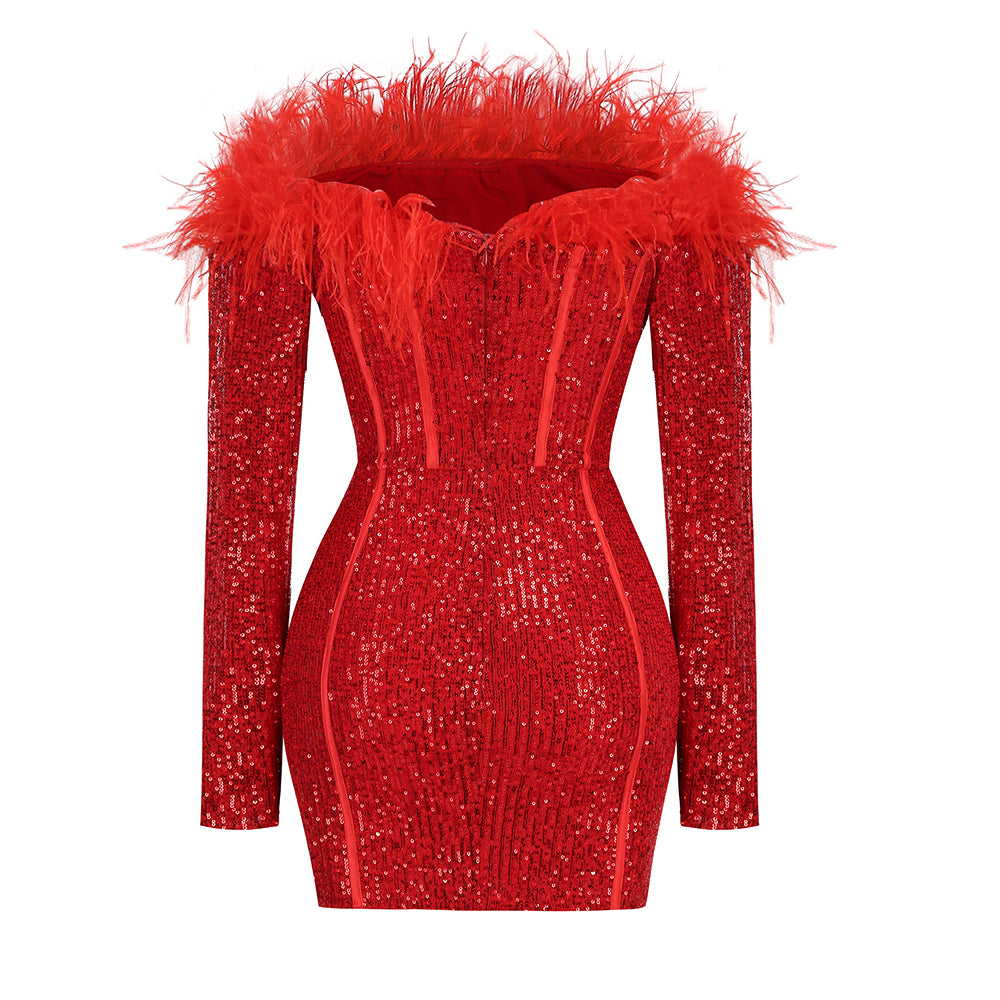 Feather Sequin Long Sleeved Mini Dress-Red - vevewholesale