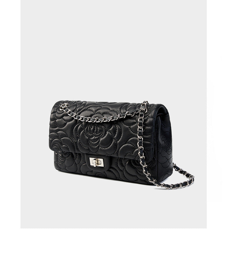 Camellia Flower Goatskin One Shoulder Bag-Black - vevewholesale