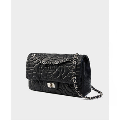 Camellia Flower Goatskin One Shoulder Bag-Black - vevewholesale