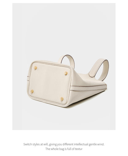 Leather Bucket Handbag-Off White - vevewholesale