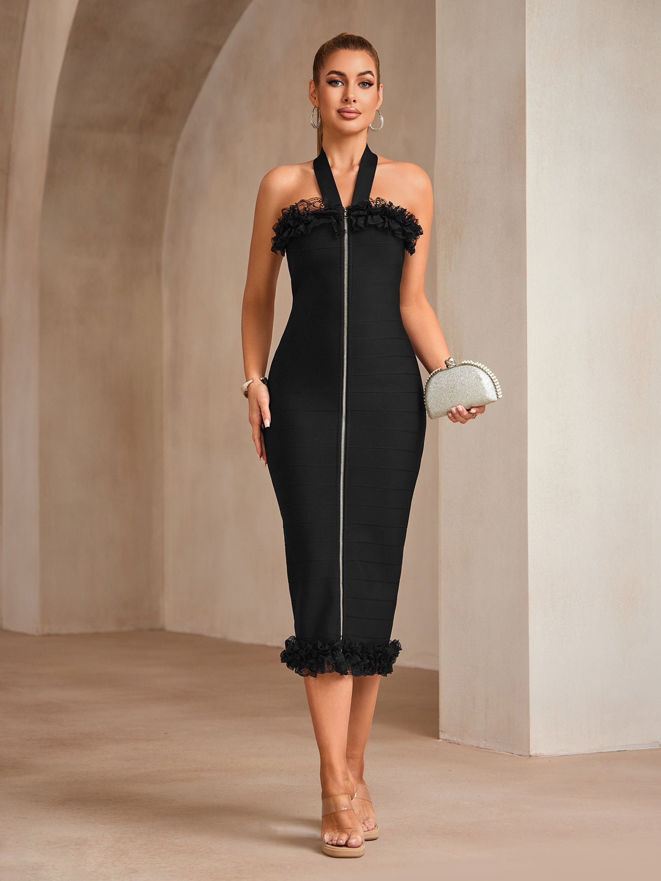 Halter Neck Zipper Midi Dress - vevewholesale