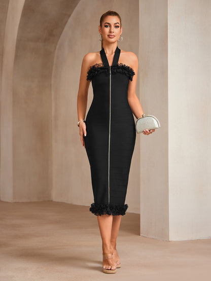 Halter Neck Zipper Midi Dress - vevewholesale