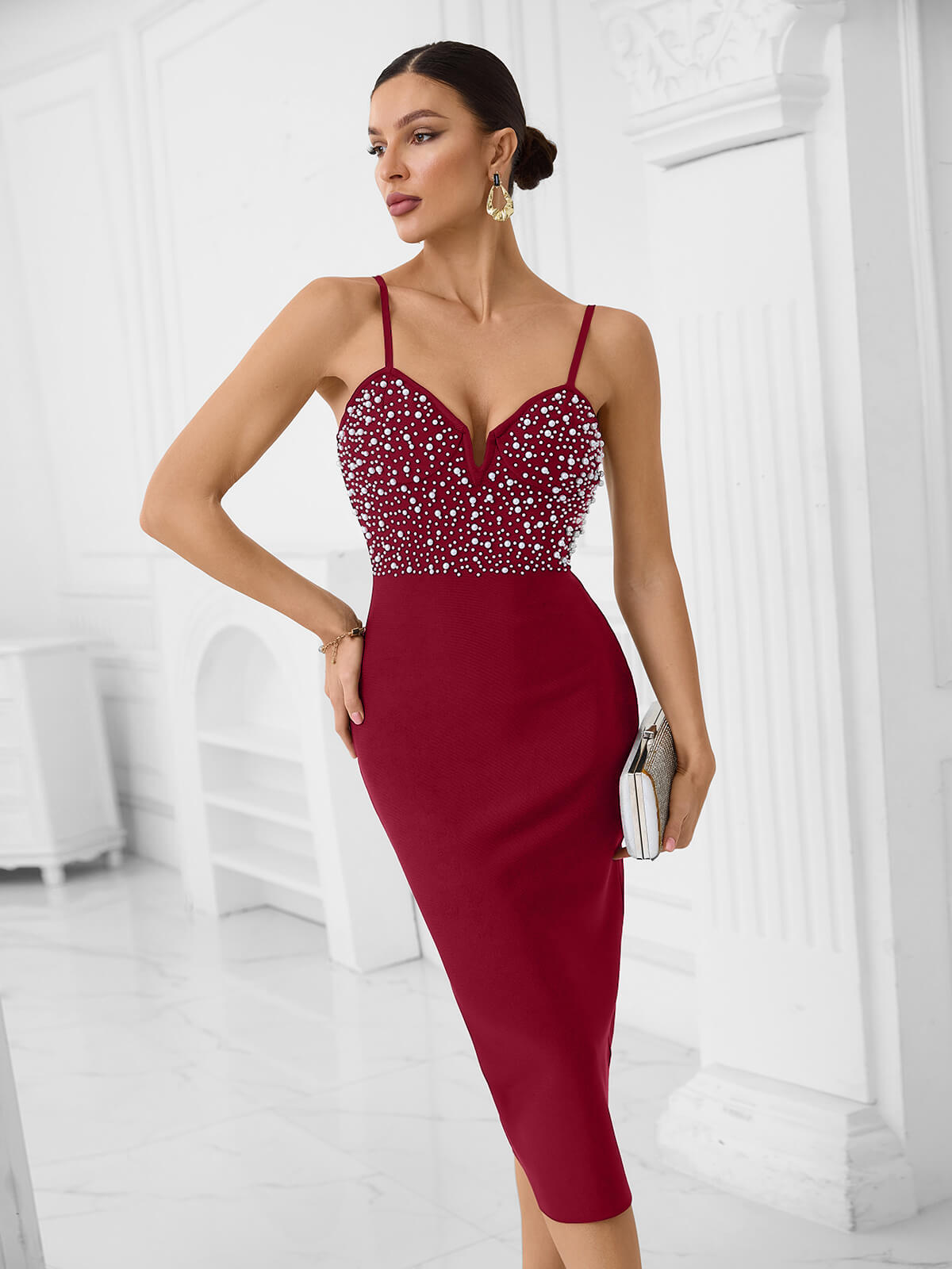 Elegant Wine-Red Beaded Bandage Dress