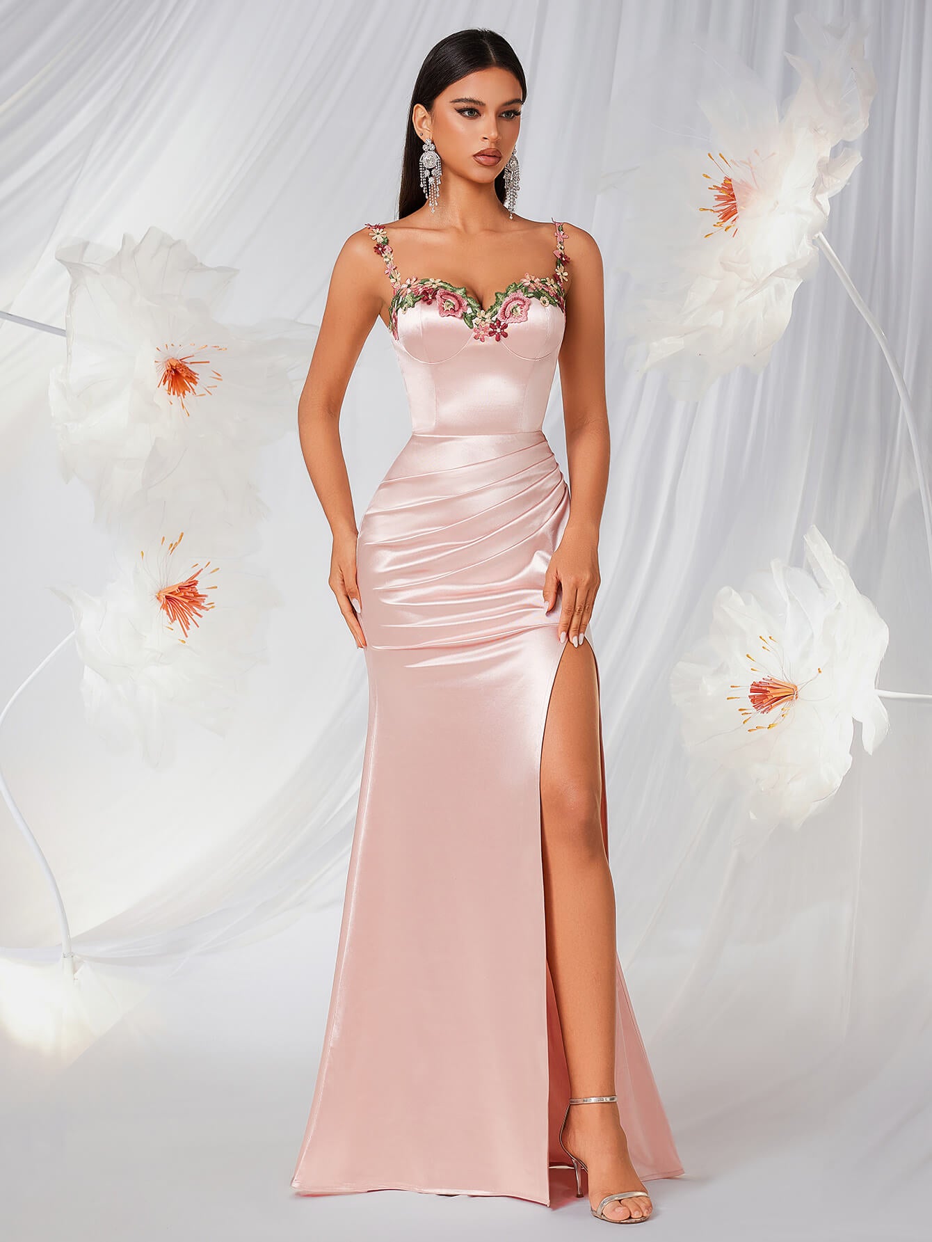 Embroidered Slit Long Dress