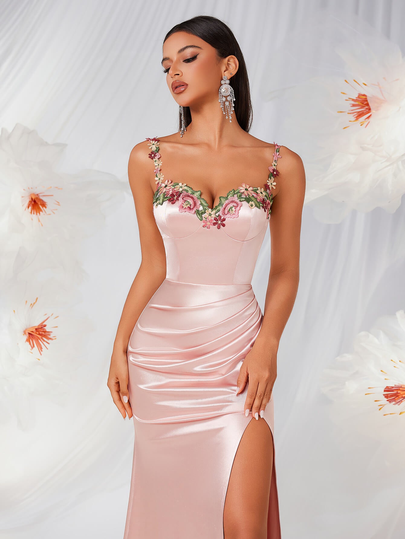 Embroidered Slit Long Dress