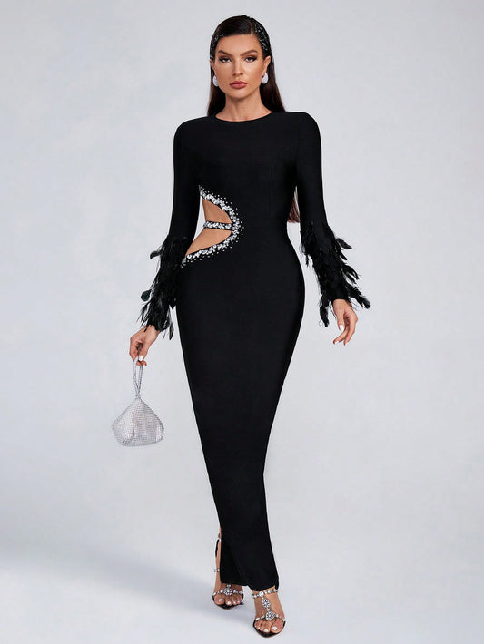 Feather Fringed Long-sleeved Dress