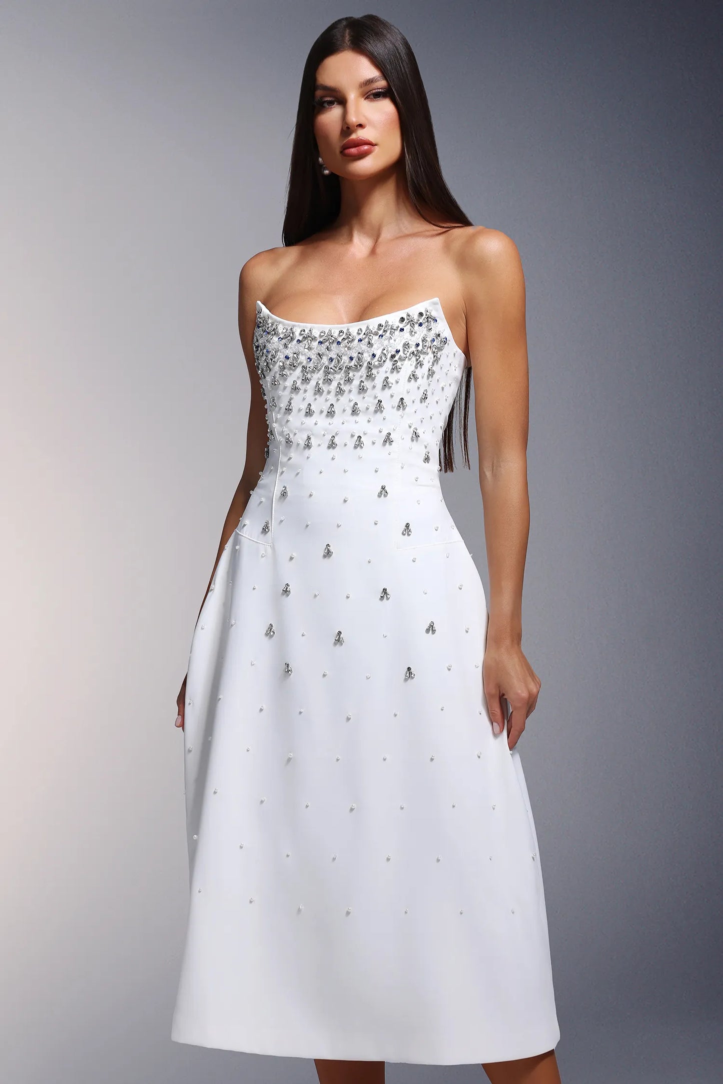 Strapless Rhinestone Long Dress - vevewholesale