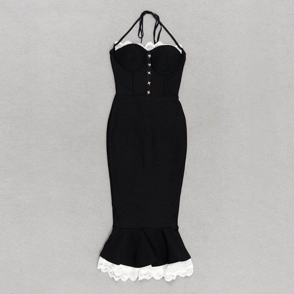 Vestido midi con cola de pez y escote halter