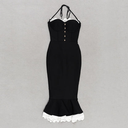 Vestido midi con cola de pez y escote halter