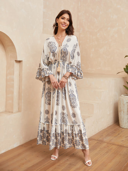 Long Sleeved Elegant Printed Long Dress