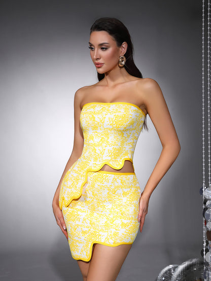 Irregularly Rose Red Mini Dress-Yellow