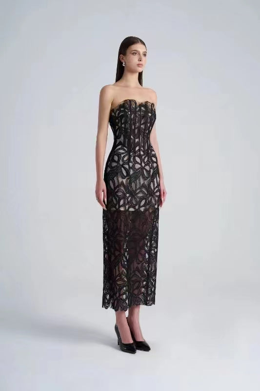 Lace Embroidered Strapless Long Dress