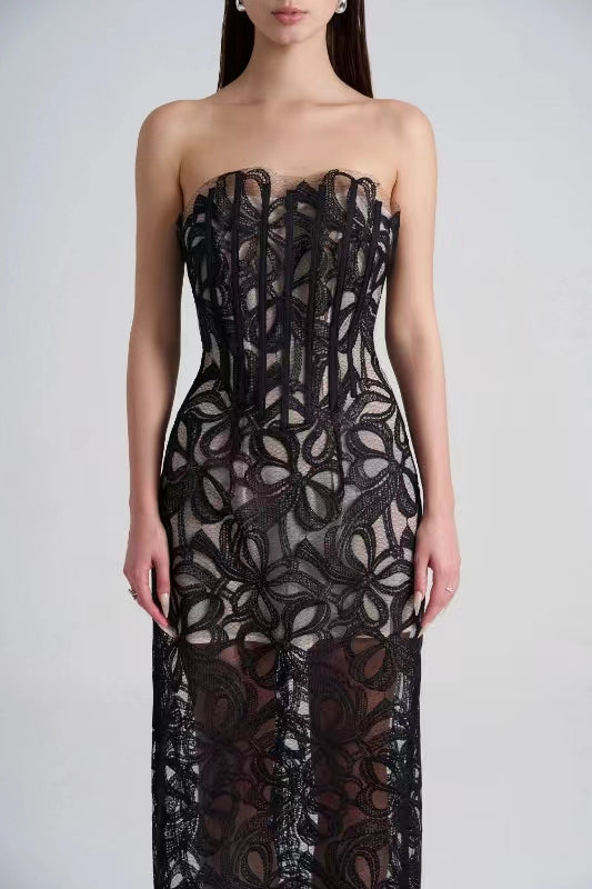 Lace Embroidered Strapless Long Dress