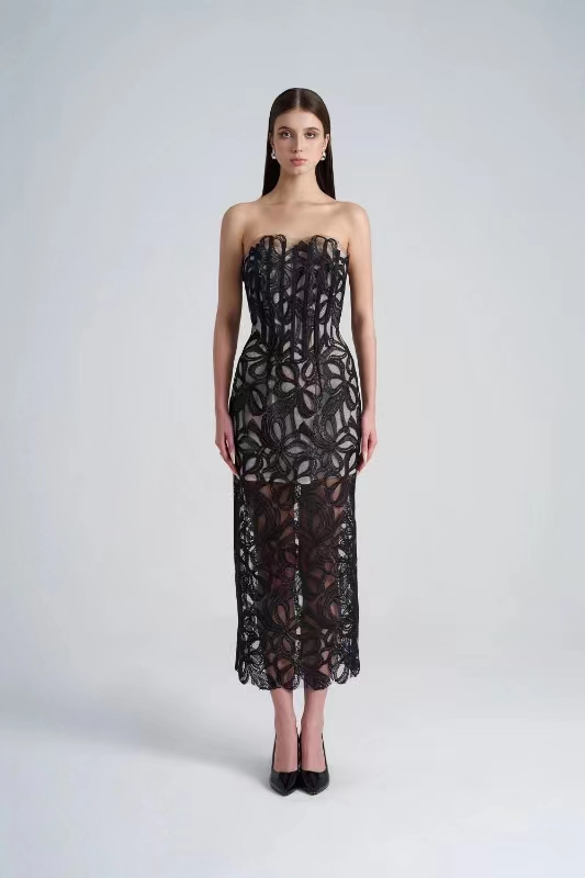 Lace Embroidered Strapless Long Dress