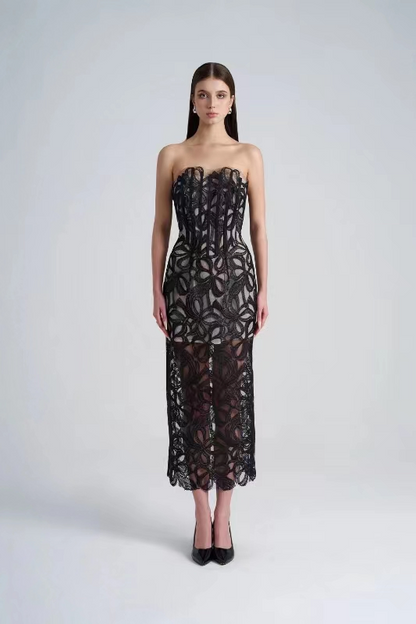 Lace Embroidered Strapless Long Dress