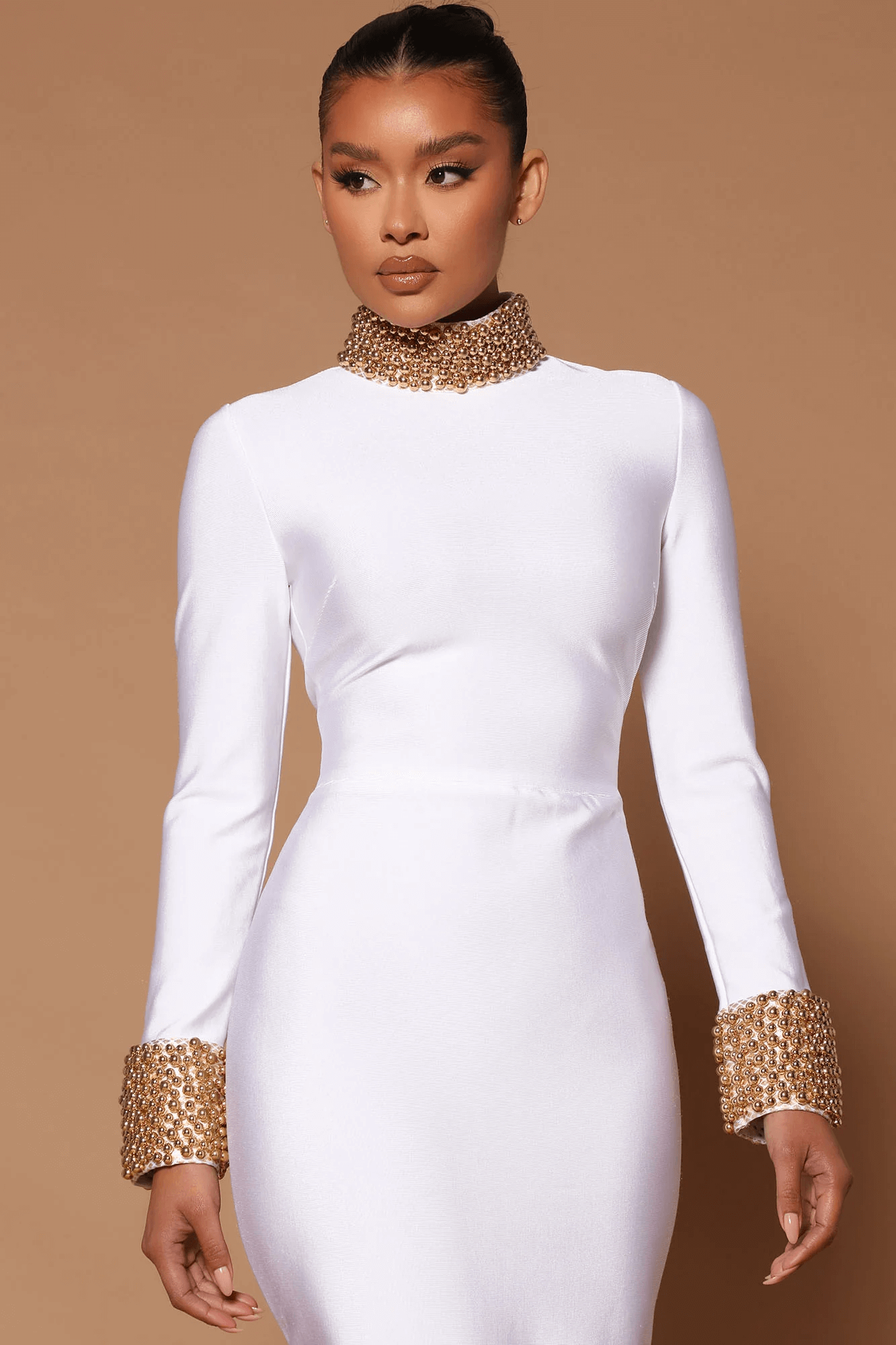 Long-Sleeved Backless Bandaged Long Dress-White