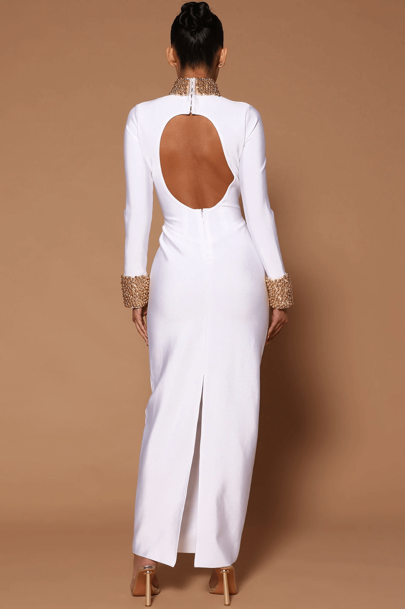 Long-Sleeved Backless Bandaged Long Dress-White