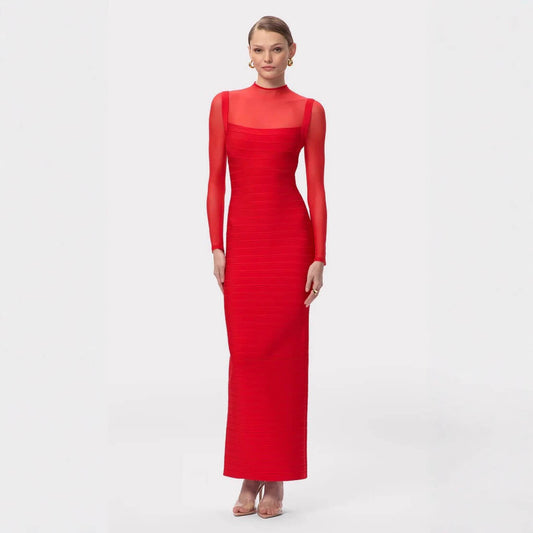 Long-Sleeved Mesh Long Dress