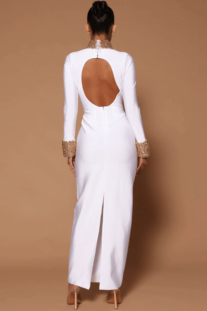 Long-Sleeved Backless Bandaged Long Dress-White