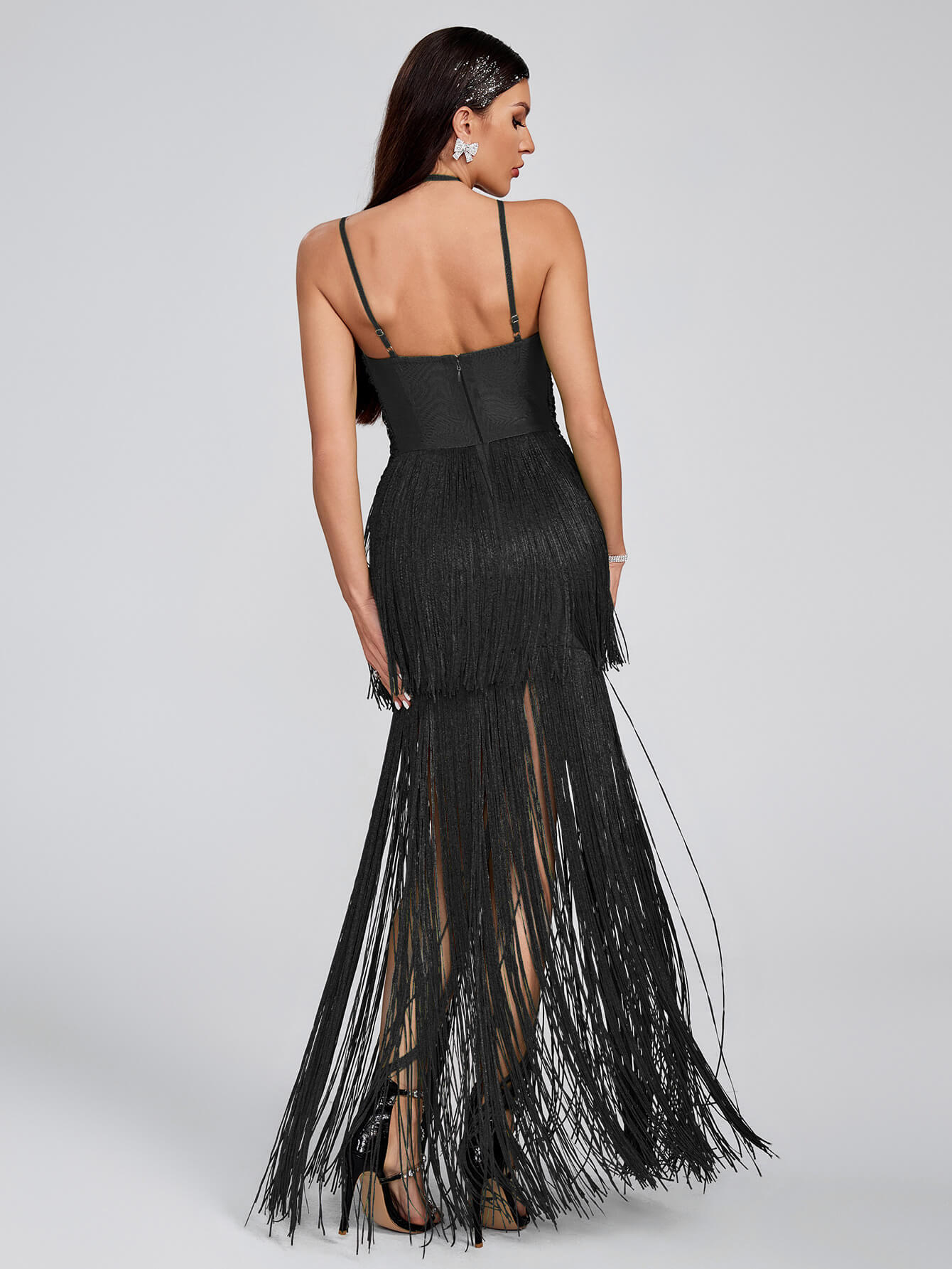 Robe de soirée à franges Maya - Noir